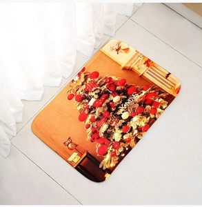 Detail of soft crystal velvet Christmas mat featuring a warm festive fireplace and Xmas tree