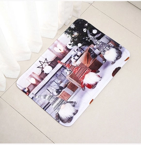 Detail of Christmas gnomes floor mat showing crystal velvet texture and non-slip edge