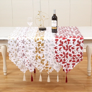 Christmas Table Runner Bronzing Fabric With Tassels Scalloped Edge Festive Holiday Home Decor Stars Trees Leaves Patterns