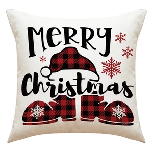Linen Christmas pillowcase with buffalo plaid hat and Merry Christmas typography