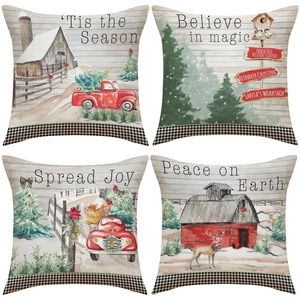 Christmas Throw Pillow Covers Polyester Linen Texture Farmhouse Holiday Red Truck Buffalo Plaid Sofa Home Decor