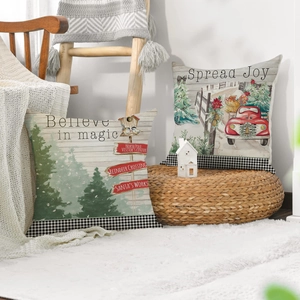 Christmas pillow covers with Santa Claus and vintage truck prints and checkered edges