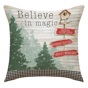 Detail of Christmas pillowcase with North Pole signpost and Believe in Magic text