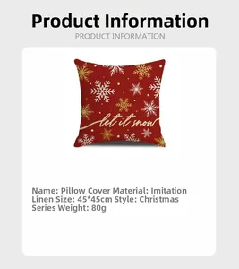Detailed specs of a red faux linen Christmas pillowcase with Let It Snow gold snowflake print