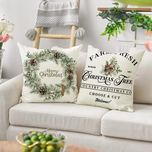 Details zu weihnachtlichen Kissenbezügen aus Leinen mit Vintage Merry Christmas Aufdruck