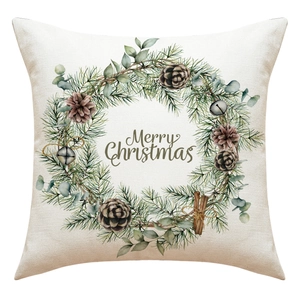 Detail von Kissenbezug aus Leinen mit Weihnachtskranz und Merry Christmas Aufdruck