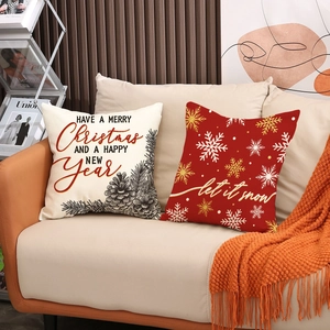 Christmas pillow covers set with vintage pinecones and red snowflake patterns for holiday decor