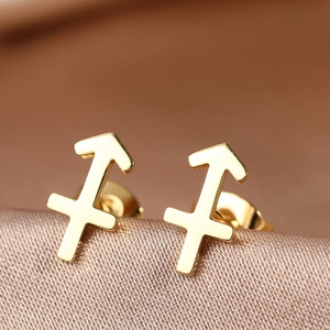 Macro shot of gold Sagittarius zodiac stud earrings on brown satin fabric background