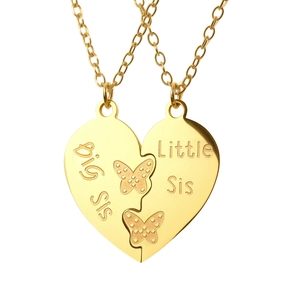 Golden heart-shaped big sis and little sis pendant necklaces with butterfly detail