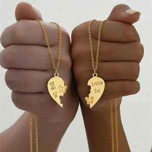 Heart Puzzle Pendant Necklaces Stainless Steel Butterfly Engraved Big Sis Little Sis Splicing Jewelry Gift For Sisters