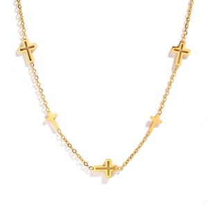 Gold plated stainless steel necklace featuring hollow and solid cross pendants on O-chain