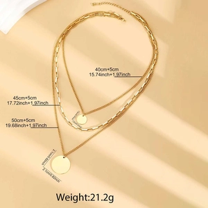 Triple-layered stainless steel necklace with round pendants and detailed size markings