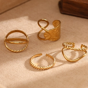 Set of 4 gold geometric stainless steel rings featuring minimalist and textured designs