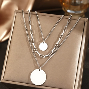 Three-layer stainless steel necklace featuring silver coin pendants and paperclip chain links