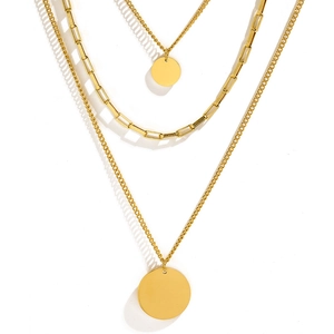 Three-layer gold stainless steel necklace with coin pendants and textured paperclip links