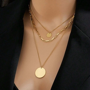 Stainless Steel Multi Layered Necklace For Women Round Disc Pendant Paperclip Chain Elegant Minimalist Versatile Jewelry