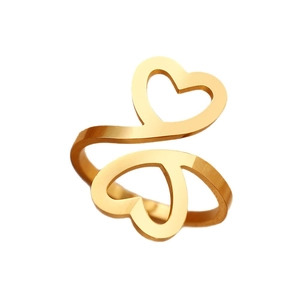 Bague en acier inoxydable doré poli au design élégant avec double cœur ajouré