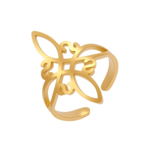Polished gold stainless steel open ring with cutout Celtic witch knot design