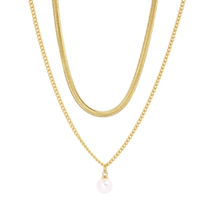 Collier double rang plaqué or 18 carats avec maille serpent et perle blanche