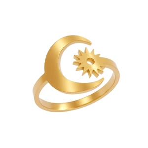Adjustable golden stainless steel ring featuring celestial crescent moon and sun design