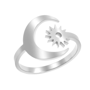 Minimalist beach style stainless steel open ring with crescent moon and sun design
