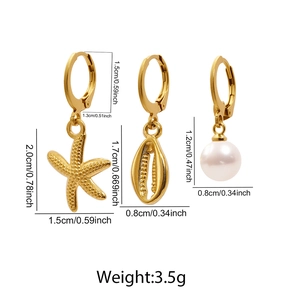 Detailed view of starfish shell and pearl stainless steel earring set dimensions