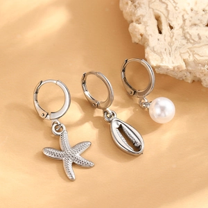 Three-piece silver stainless steel hoop earrings with starfish, shell and pearl charms