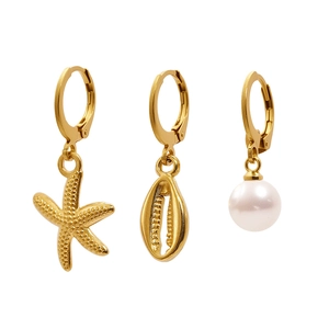 Golden stainless steel starfish and seashell earring set with white pearls for beach vacation