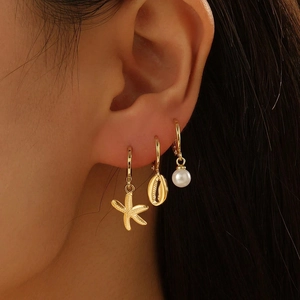 Starfish Shell Hoop Earrings Stainless Steel Imitation Artificial Pearl Marine Ocean Beach Vacation Jewelry For Women