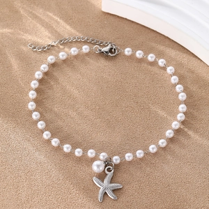 Bracelet de cheville en perles d'acier inoxydable avec pendentif étoile de mer et fermoir