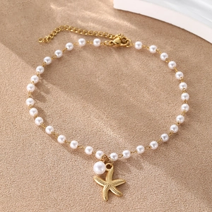 Bracelet de cheville en perles d'acier inoxydable avec pendentif étoile de mer dorée
