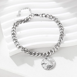 Polished stainless steel curb chain anklet with hammered round disc pendant charm