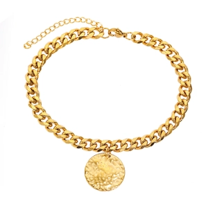 Golden stainless steel Cuban link anklet featuring a textured hammered round pendant disc