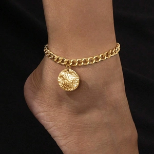 Hammered Round Pendant Anklet Stainless Steel Cuban Link Foot Jewelry For Women Men Minimalism Punk Style Adjustable