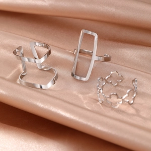 Three-piece set of silver minimalist geometric open rings with hollow designs