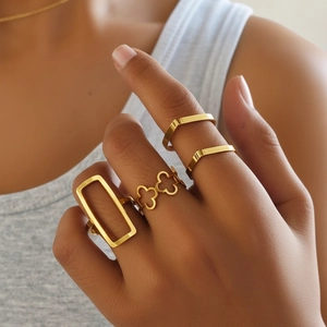 Hollow Geometric Rings Stainless Steel Adjustable Open Clover V Shape Jewelry For Men Women Gold Silver