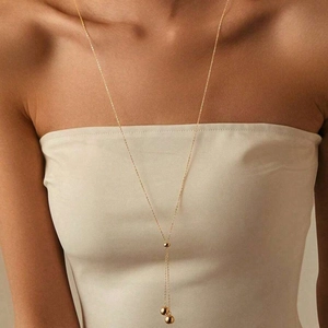 Minimalist Stainless Steel Y-Shape Necklace With Round Beads Tassel Long Chain 18K Gold Plated Elegant Jewelry For Women