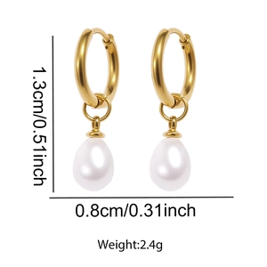 Detail of gold teardrop pearl earrings showing dimensions 1.3cm height and 0.8cm width