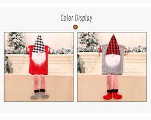 Christmas gnome drawstring gift bags in red and grey with plaid hats and long dangling legs