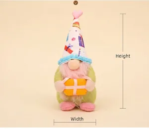 Detail view of gnome plush with pink beard and heart hat showing high and wide dimensions