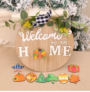 Macro detail of wooden welcome sign featuring rustic bow and seasonal interchangeable icons