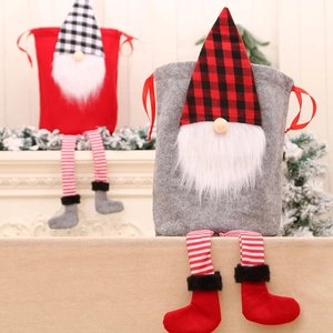 Christmas gnome drawstring gift bags in red and grey felt with long striped legs