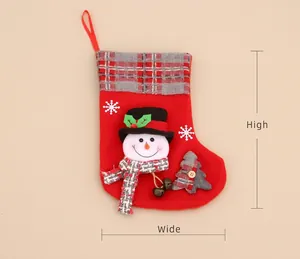 Detail view of red plush Christmas stocking with snowman design and size dimensions
