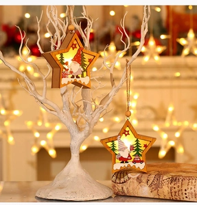 Macro shot of illuminated wooden star ornament with gnome and warm LED glow for Xmas