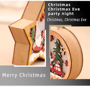 Detailed view of laser-cut wooden Christmas ornaments with Santa and forest scenes