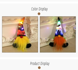 Detail of LED glowing Halloween gnomes with pumpkin and castle patterns on hats