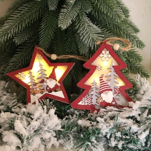 Décorations de Noël lumineuses en bois rouge en forme d'étoile et de sapin avec LED