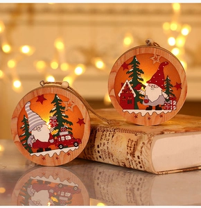 Detail of wooden LED Christmas gnome ornament with glowing warm lights and rustic rope
