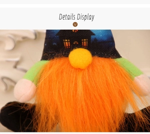 Close-up of Halloween gnome featuring orange plush beard and spooky house pattern