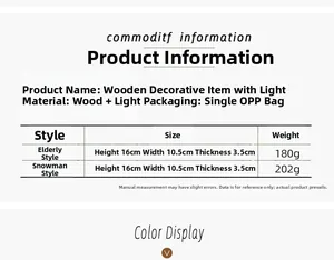 Detailed size chart and specifications for LED wooden Santa Claus Christmas ornaments
